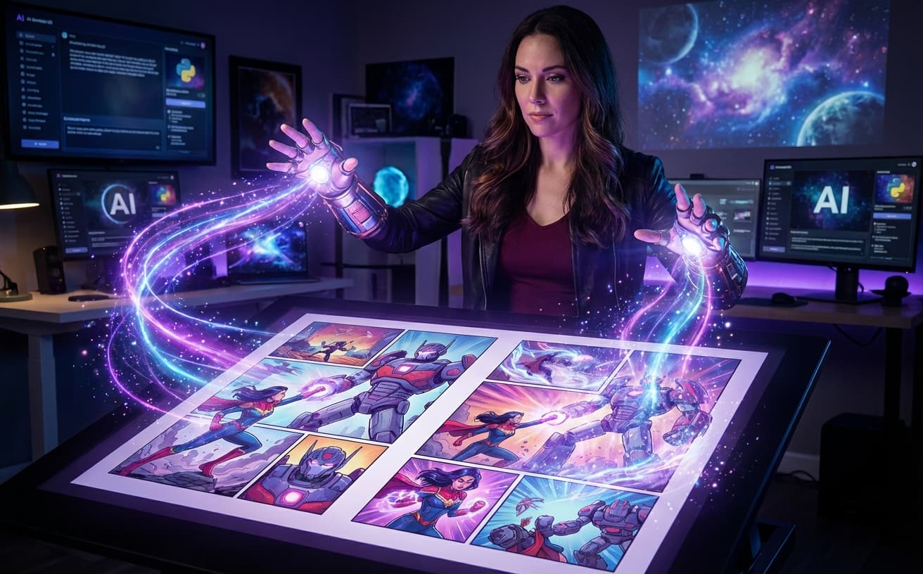 AI comic creator generating comic book panels with magic effects