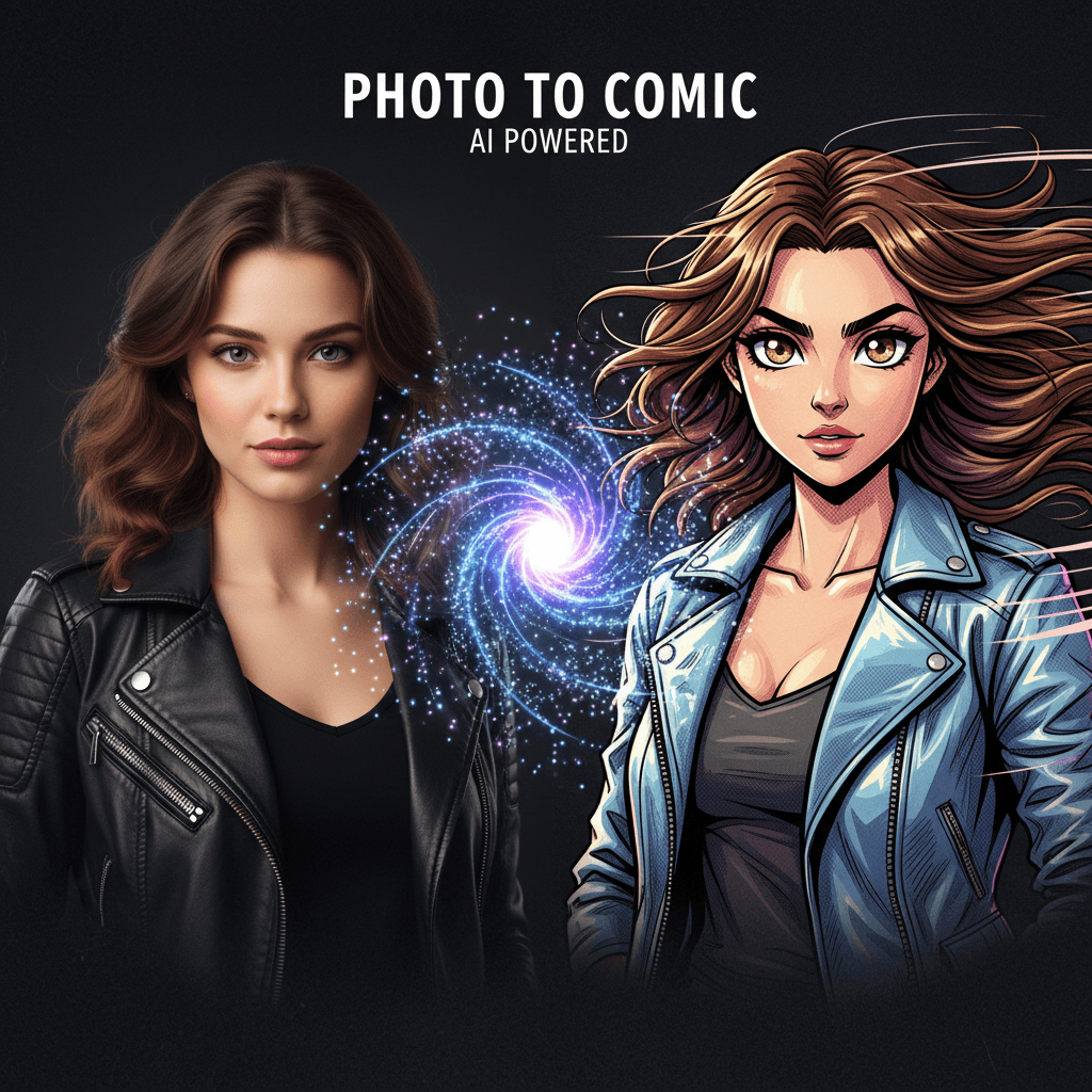 Photo to comic before and after portrait showcase.
