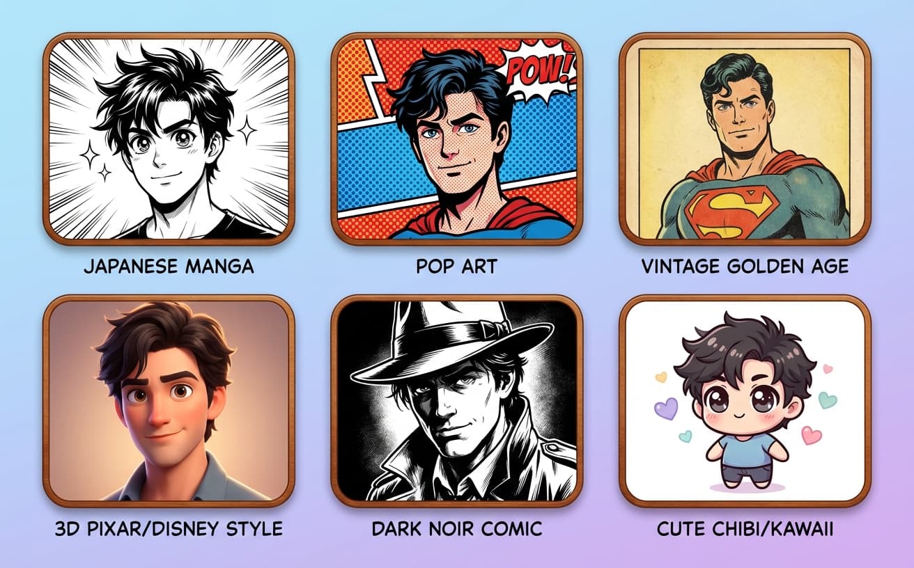 6 different comic art styles - manga, pop art, vintage, pixar, noir, chibi