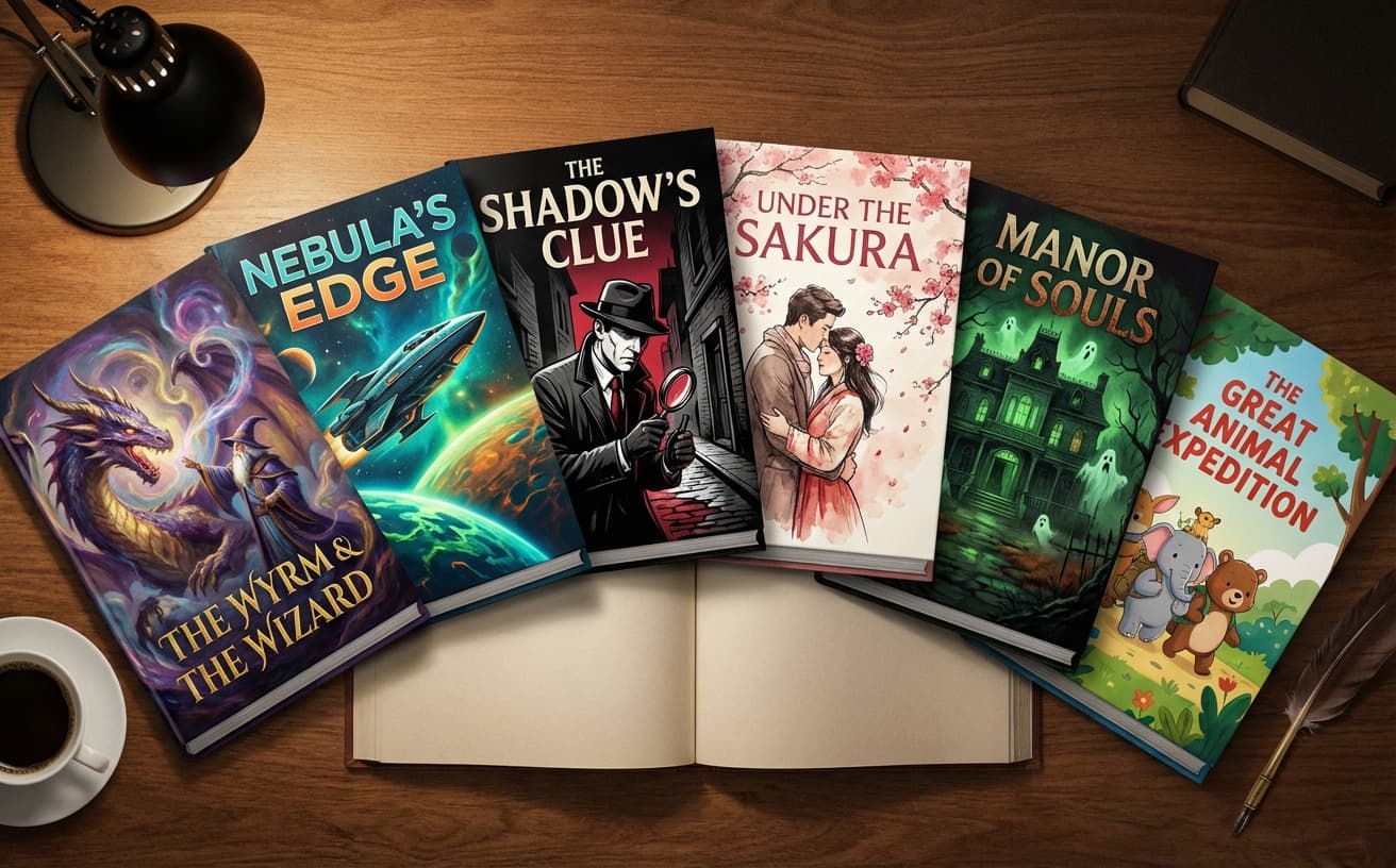 6 story genres - fantasy, sci-fi, mystery, romance, horror, children's books