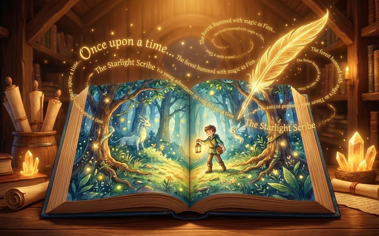 AI story writer creating an illustrated storybook spread.