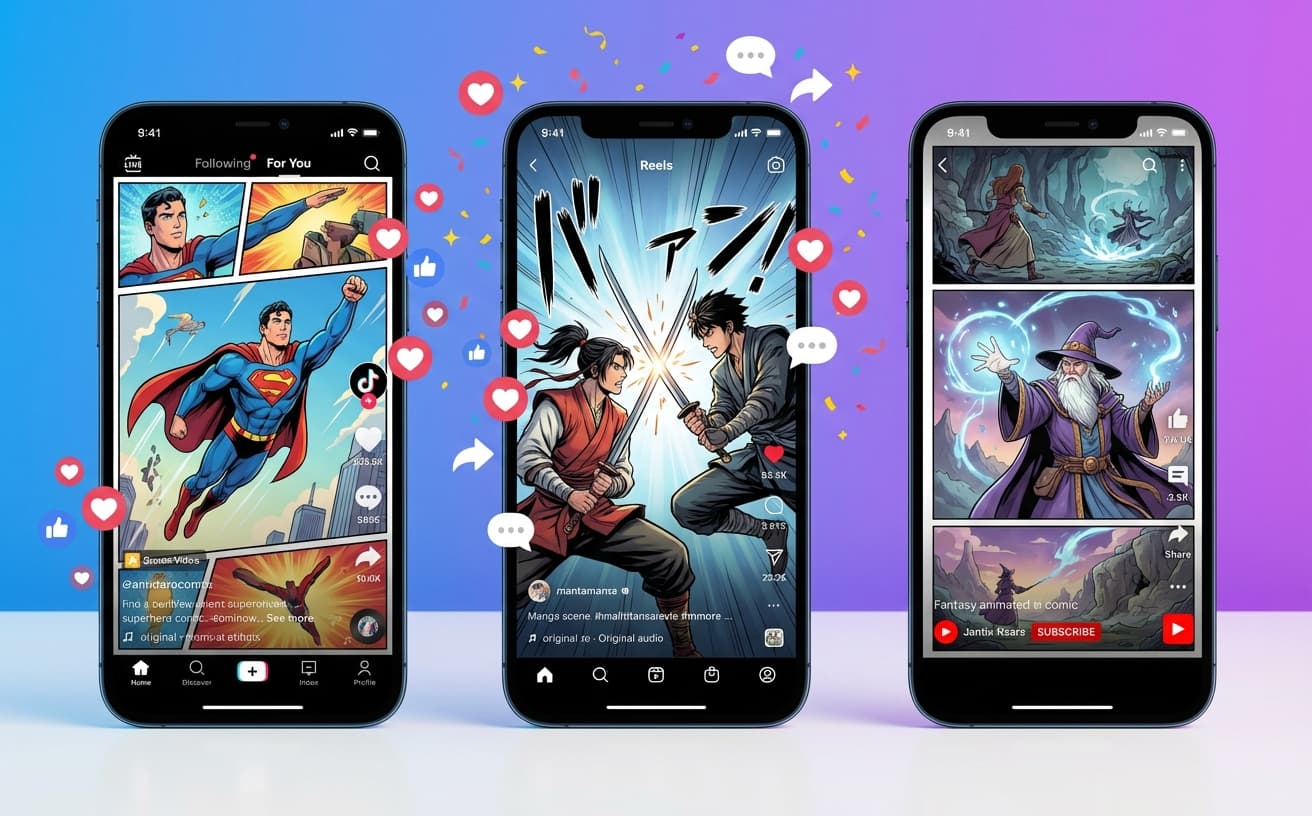 Share animated comic videos on TikTok, Instagram Reels, and YouTube