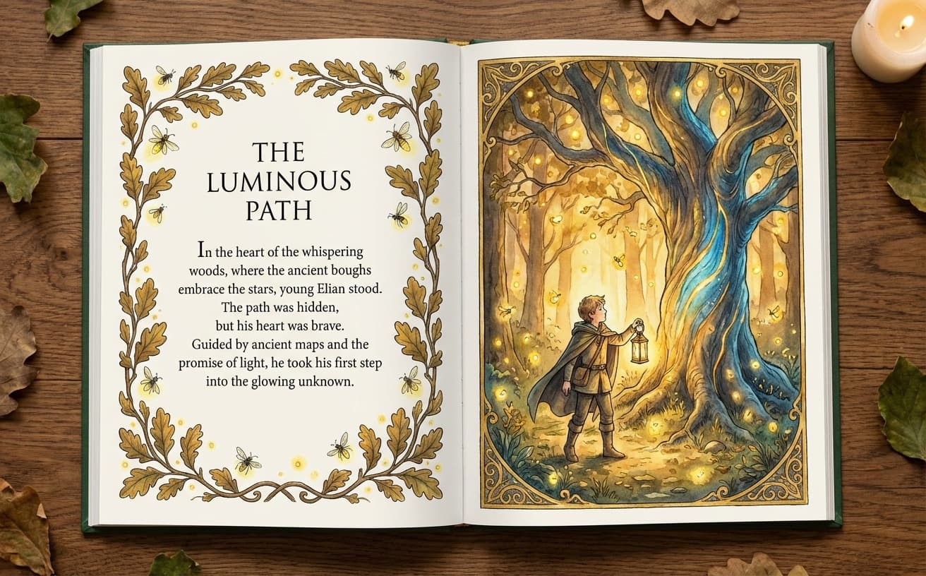 Illustrated storybook spread with whimsical characters.