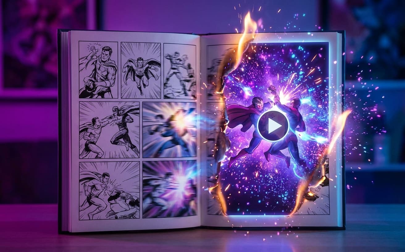 Comic panels translated into a vertical video storyboard.