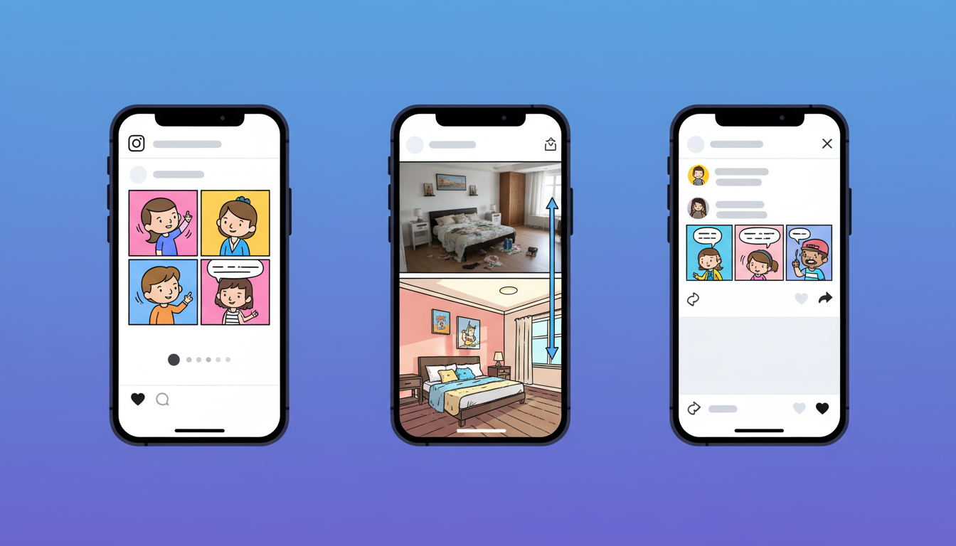 Side-by-side comparison of comic formats optimized for Instagram carousel, TikTok vertical, and X horizontal strip