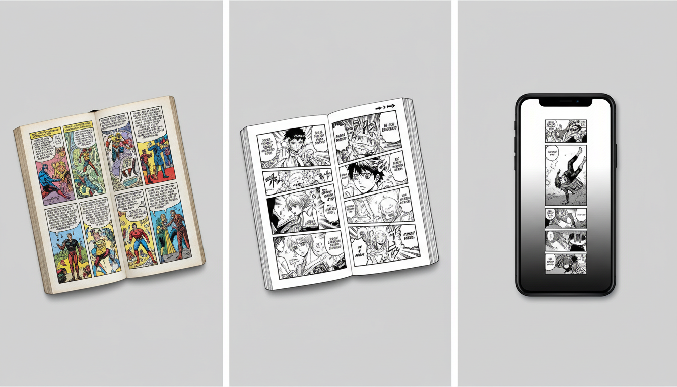 Side-by-side comparison of traditional comic page layout versus vertical webtoon scroll format on a smartphone