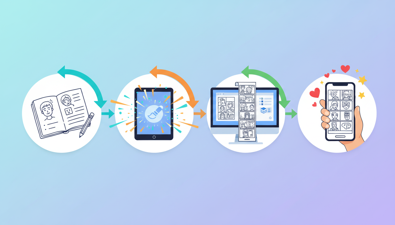 Four-step webtoon creation workflow — plan the story, describe scenes, generate with AI, and review final panels