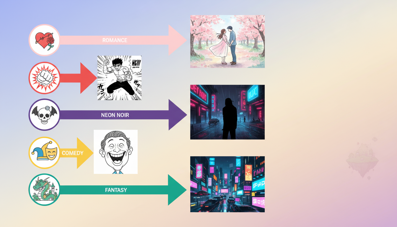 Six style categories side by side — Classic Comic, Anime, Painterly, Fun, Dark, and 3D — each with sample artwork
