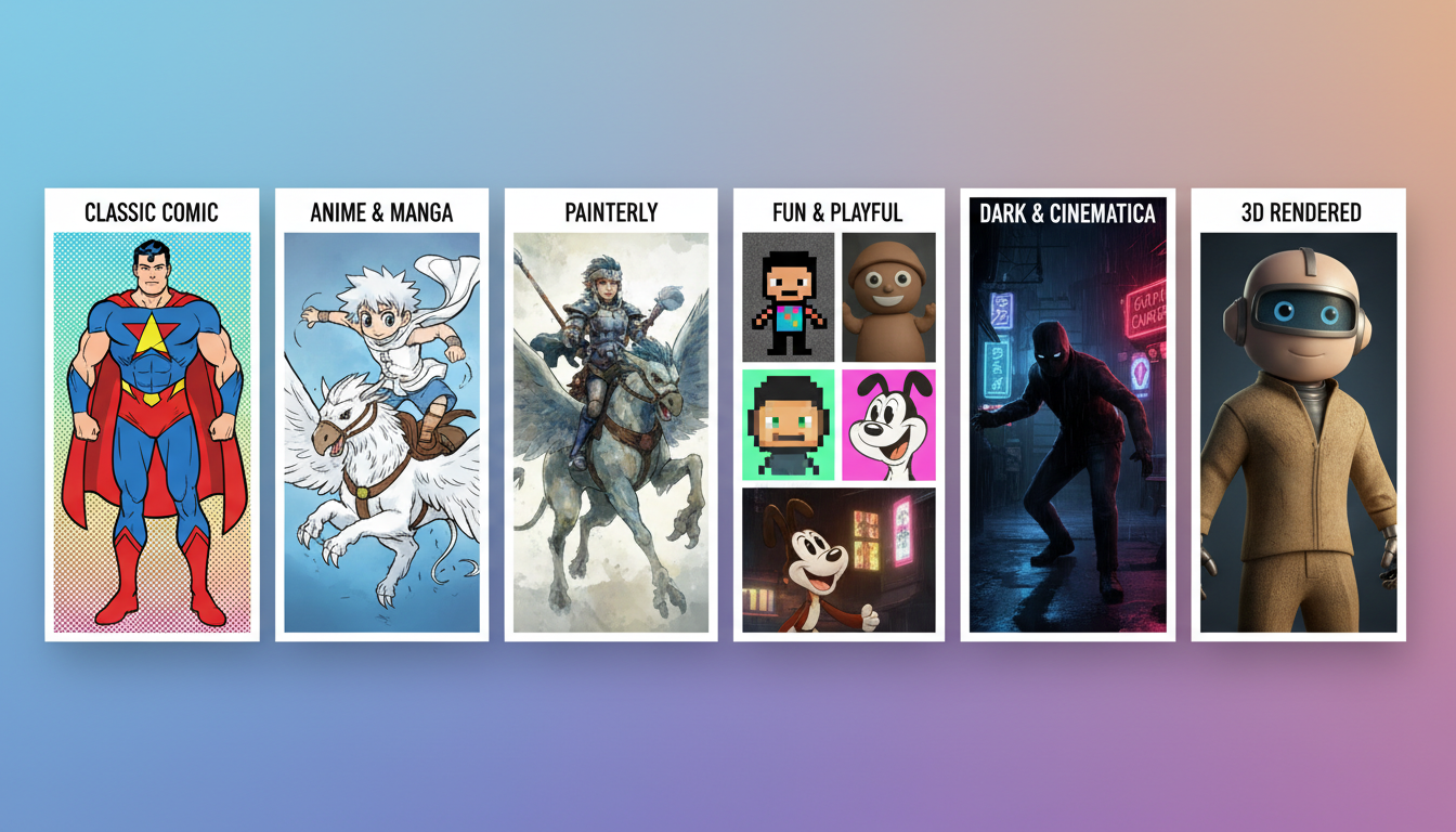 Grid showing 30 different AI comic art styles including manga, pop art, Ghibli, cyberpunk, pixel art, and more