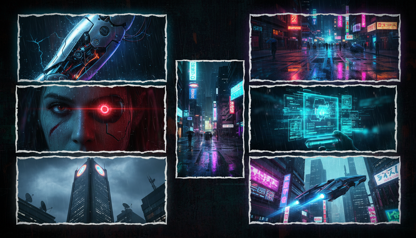 Key cyberpunk visual elements — neon signs, rain reflections, cybernetic augmentations, towering cityscape, and holographic displays