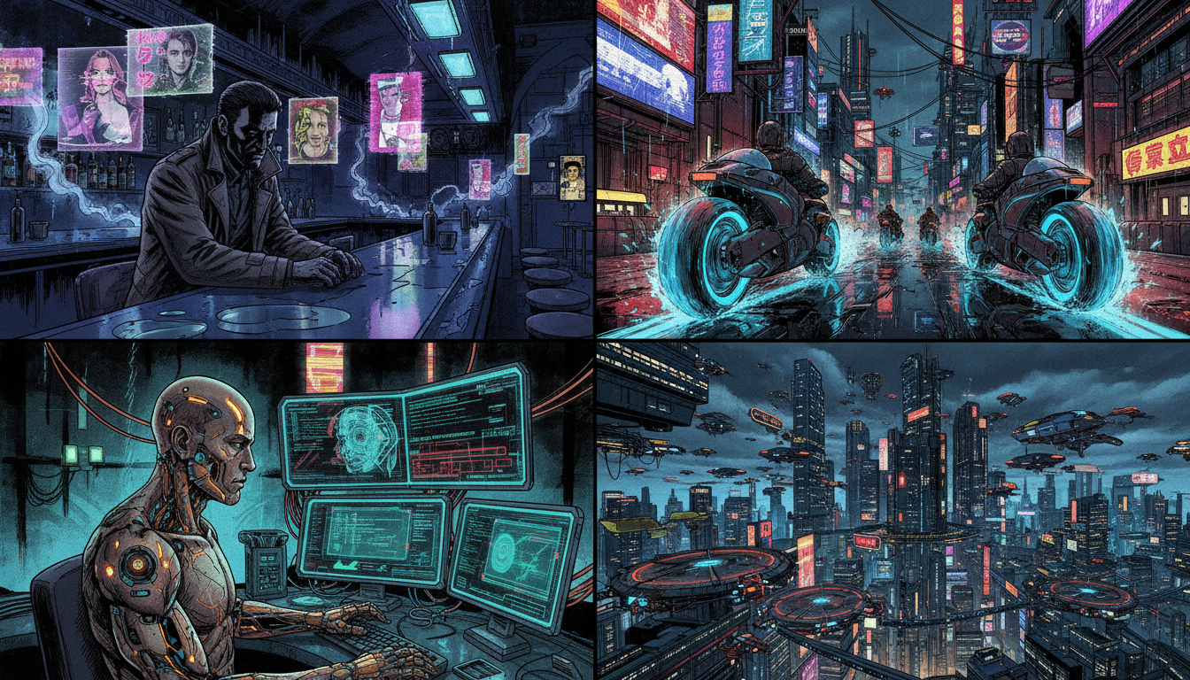 Gallery of cyberpunk AI art — neon-lit street, cybernetic character portrait, rainy rooftop scene, and futuristic cityscape