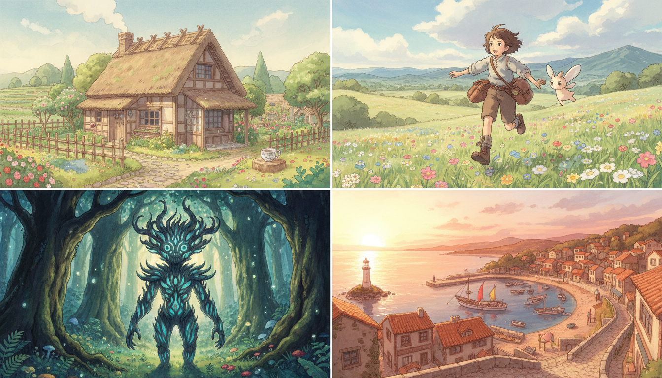 Four panels in Studio Ghibli art style showing a countryside cottage, young adventurer, forest spirit, and seaside town at sunset