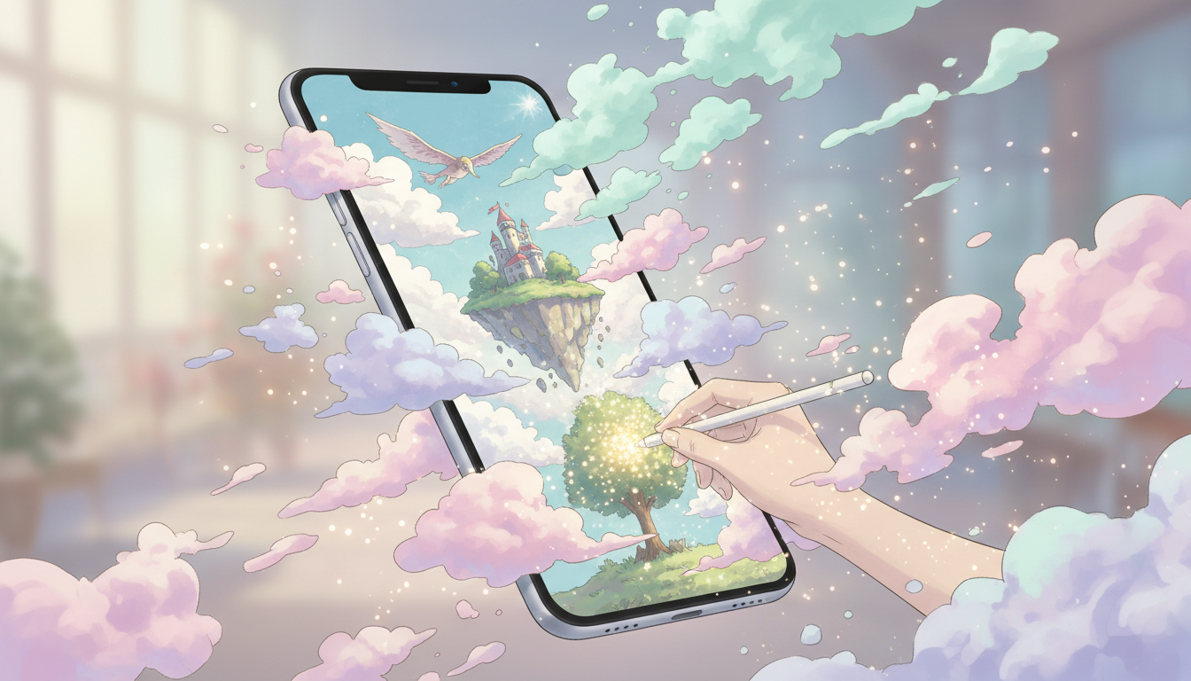 AI creating Studio Ghibli style art from a text prompt on a smartphone, with watercolor paint effects