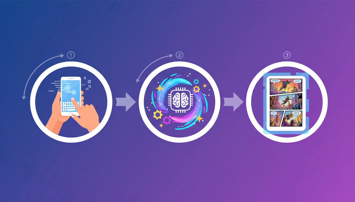 Three-step AI comic creation process — write your story, AI generates art, get finished comic pages