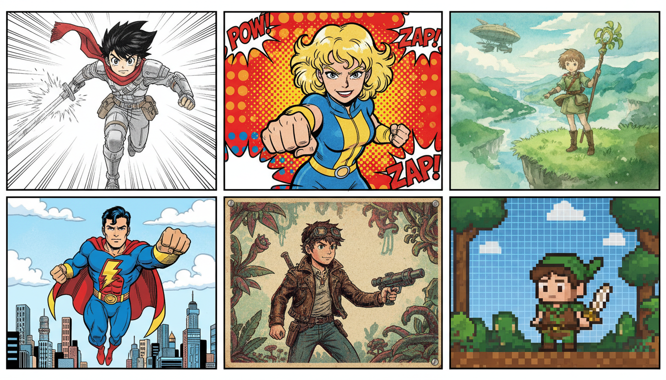 Different comic art styles available in AI comic generators — manga, pop art, Ghibli, superhero, vintage, and pixel art