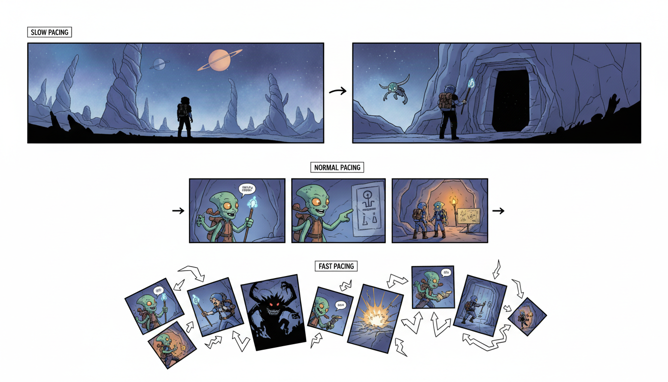 Examples of different comic panel layouts showing slow pacing with large panels, standard pacing with 4 panels, and fast pacing with 6+ panels per page