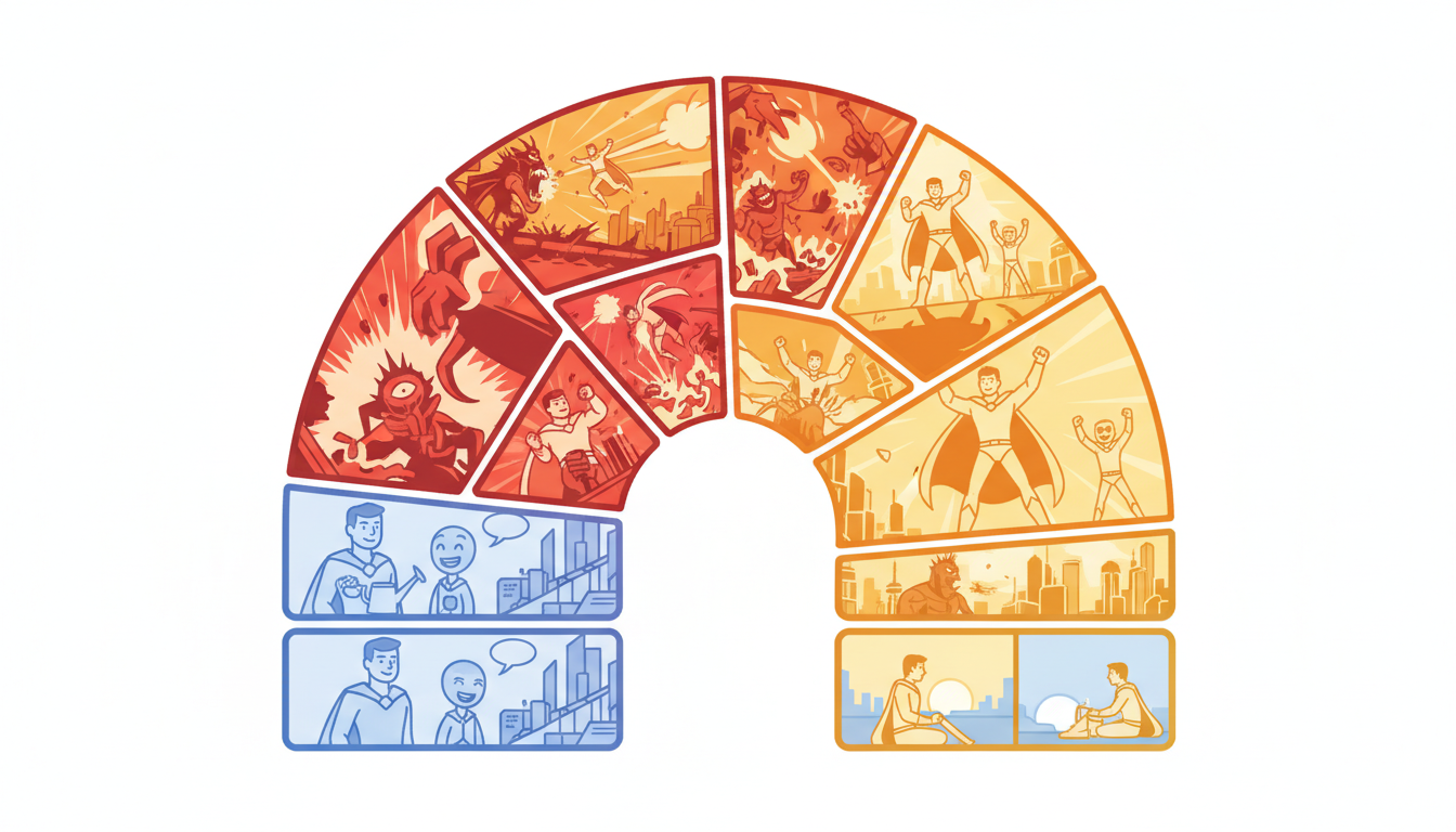 Visual diagram showing the 3-act structure adapted for comic books — setup, confrontation with rising stakes, climax, and resolution mapped to comic pages