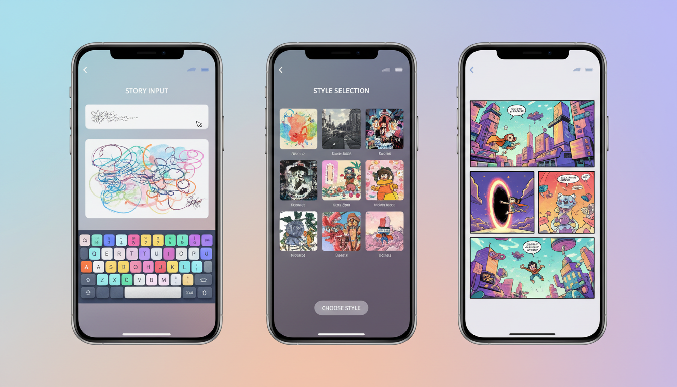 Three iPhone screens showing different features of a comic creation app — story input, style selection, and finished comic