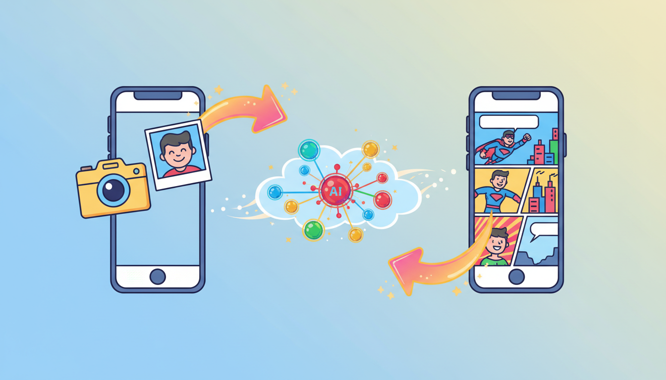 Visual flow showing mobile comic creation — capture photo, AI processes, finished comic panels