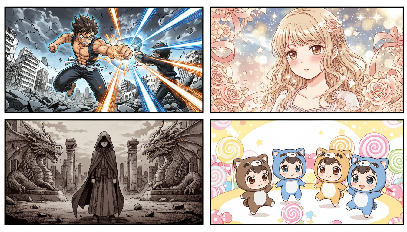 Four manga sub-styles — shonen action, shojo romance, seinen dark atmospheric, and chibi cute characters