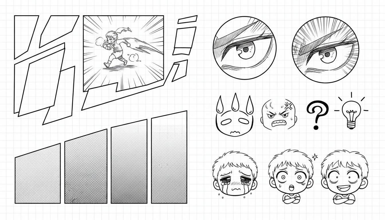 Key manga art elements — dynamic panel layouts, speed lines, emotion symbols, screentone patterns, and dramatic close-ups