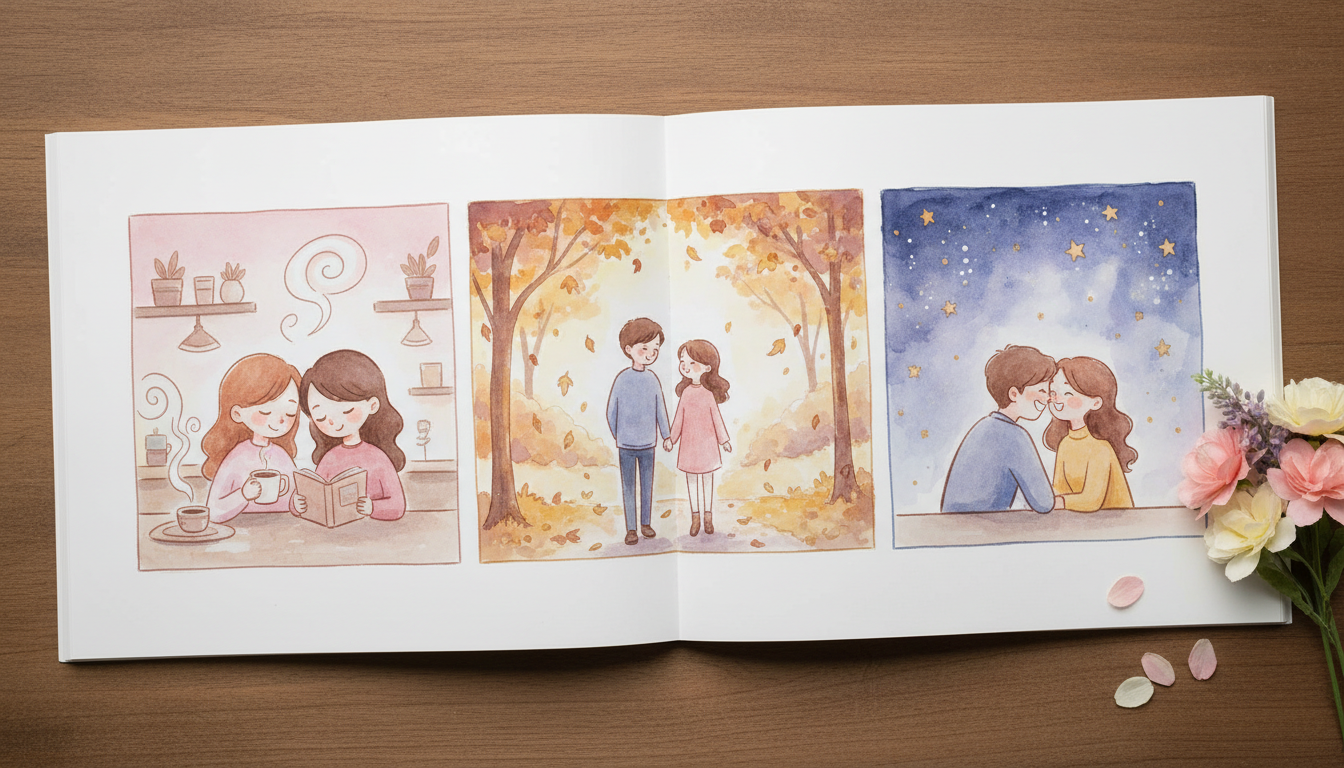 A couple's love story told in comic panels — meeting at a coffee shop, traveling together, and a sunset proposal