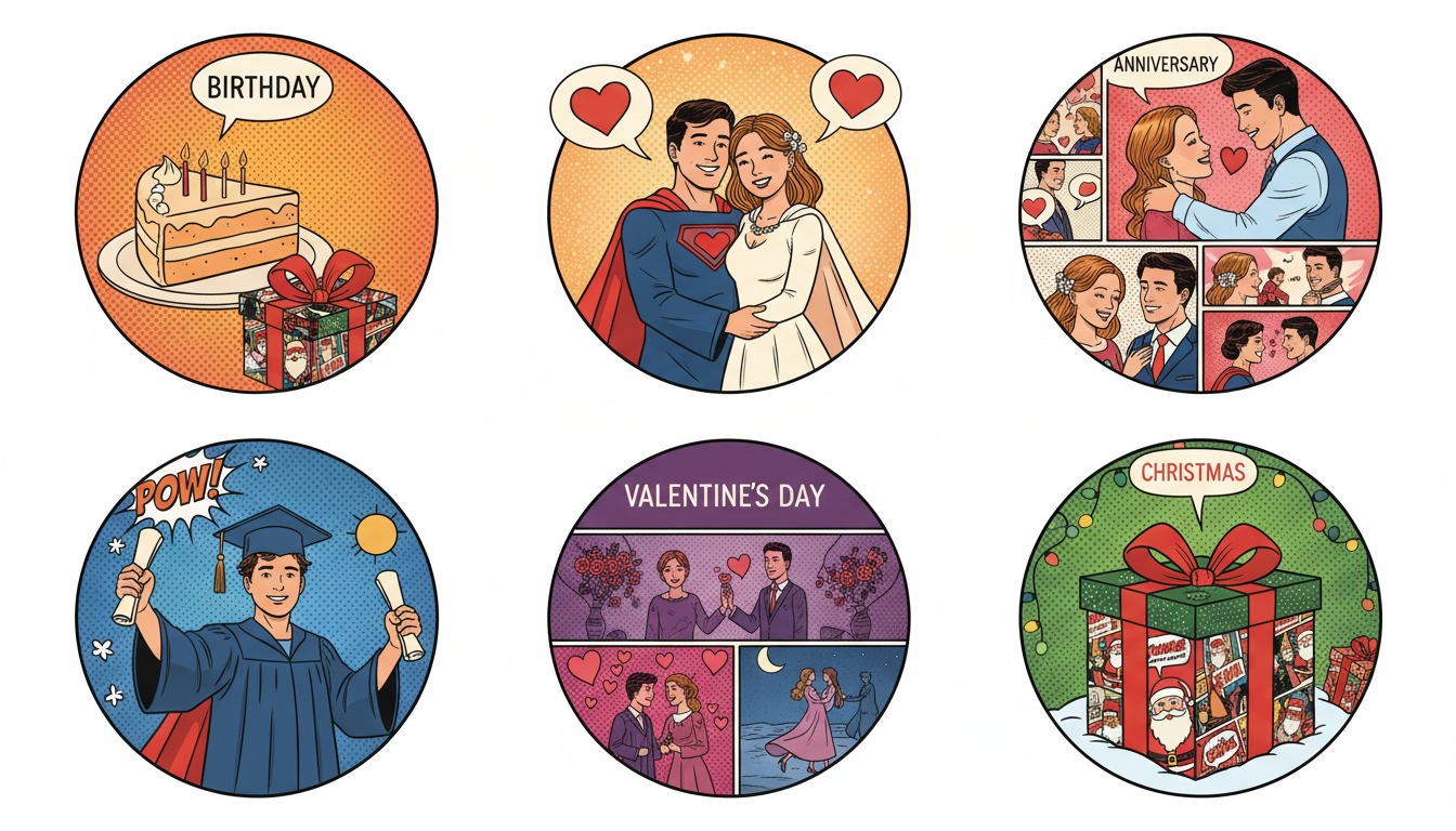 Comic book gifts for different occasions — birthday, anniversary, wedding, graduation, and Valentine's Day