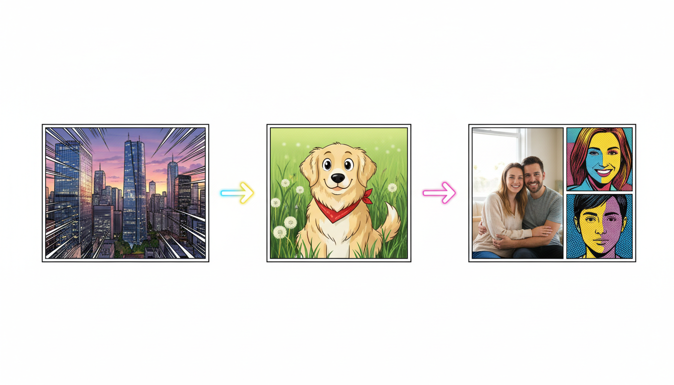 Before and after photo-to-comic conversions showing a cityscape, pet, and couple in different comic styles