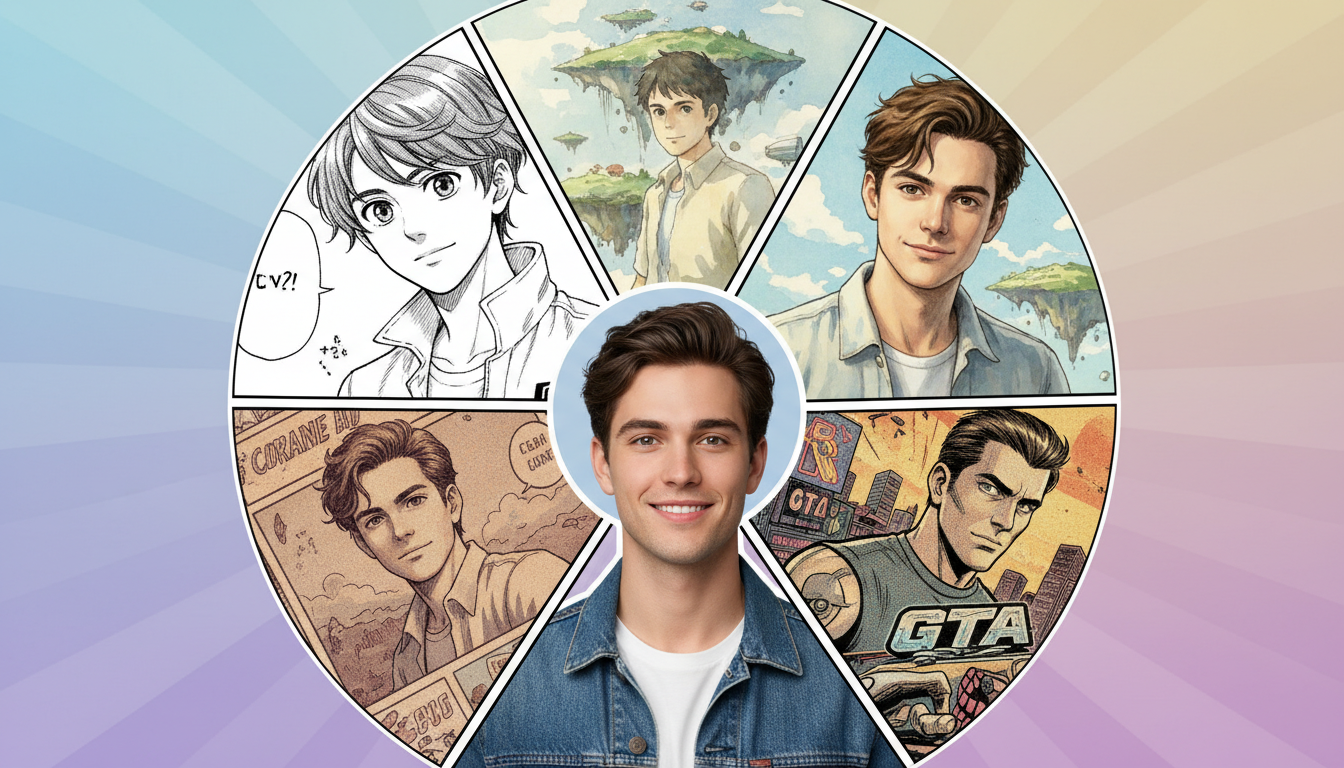 One portrait photo transformed into five different comic styles — manga, Ghibli, pop art, vintage, and GTA