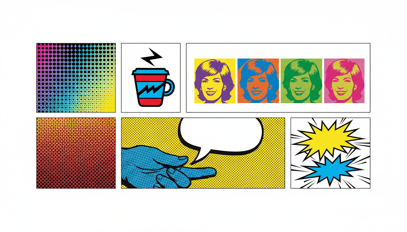 Key pop art visual elements — halftone dots, bold outlines, primary colors, speech bubbles, and repeated patterns