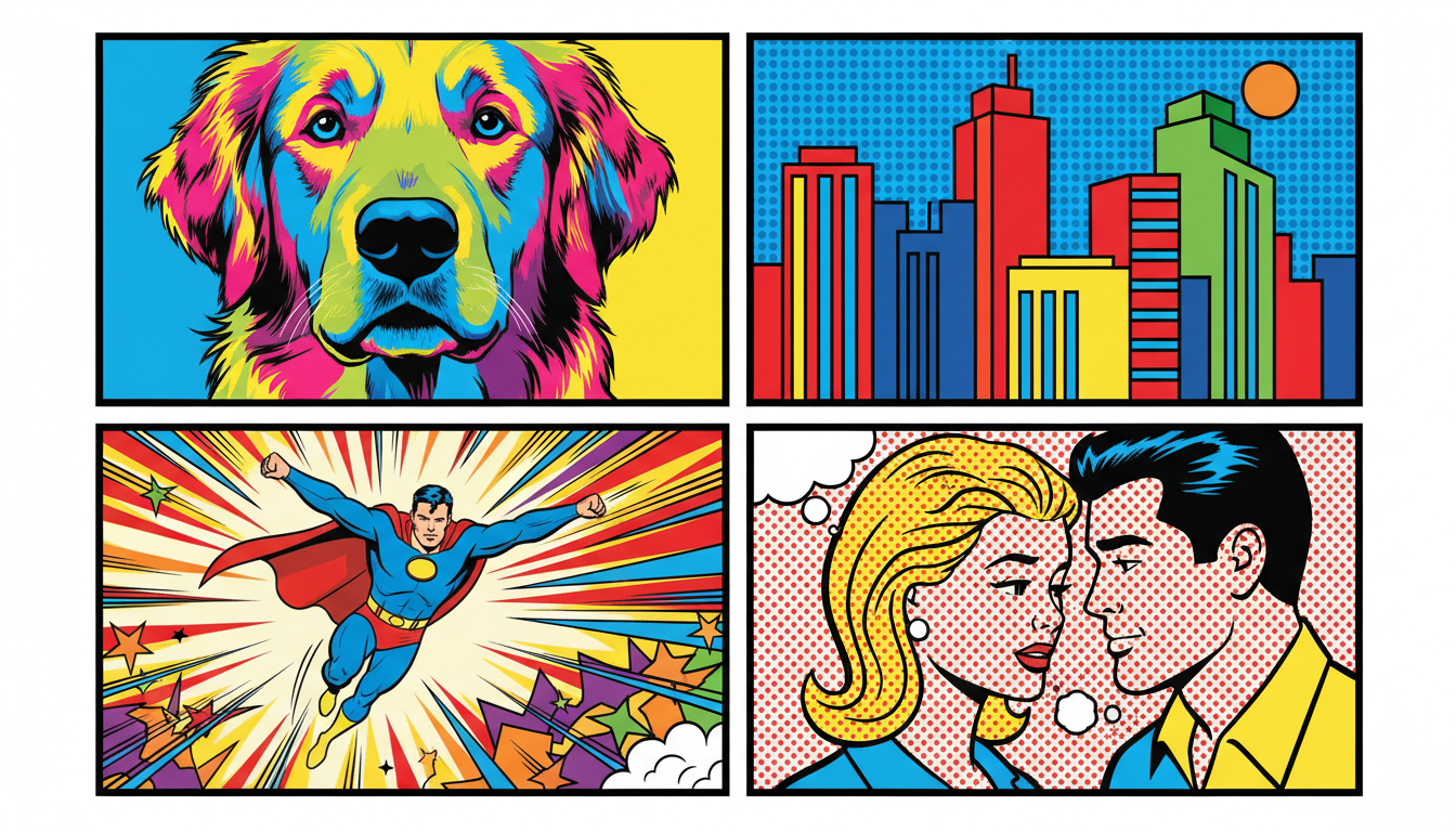 Pop art style examples — portrait, pet, couple, comic strip, and social media post in bold pop art colors