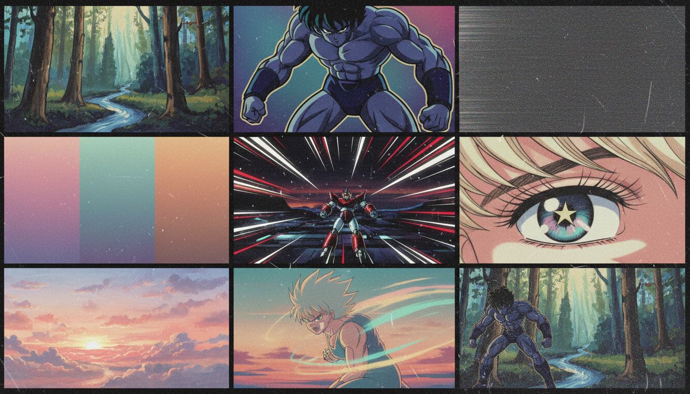 Key visual elements of retro anime — film grain texture, cel-shading with visible edges, hand-painted background, muted neon color palette, and VHS scan lines