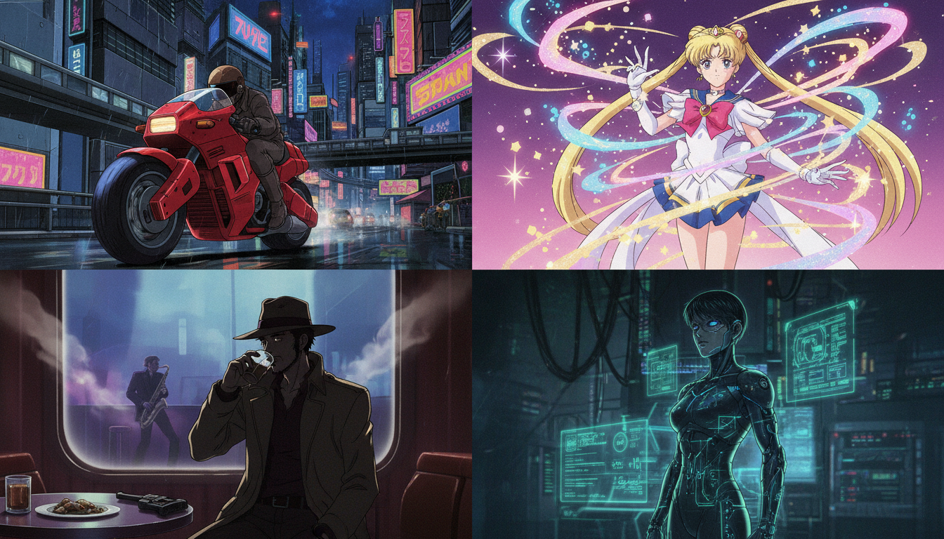 Gallery of retro anime comic examples — cyberpunk city scene with neon rain, character portrait with cel-shading and film grain, mecha battle at sunset, and city pop styled woman in convertible