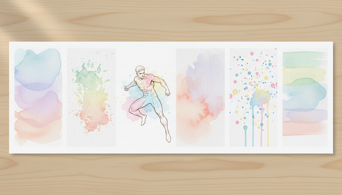 Key visual elements of watercolor art — soft color washes, bleeding edges, textured paper grain, transparent layers, and organic brushstrokes