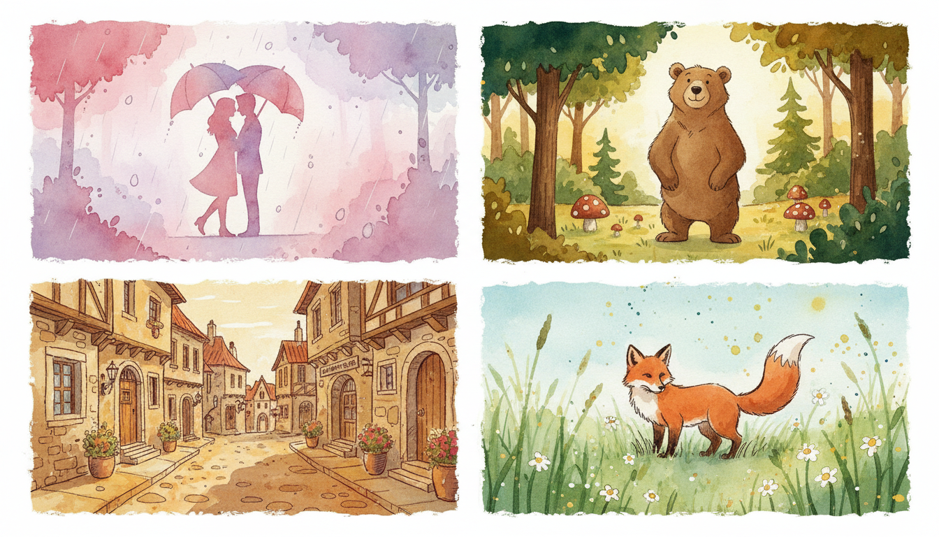 Gallery of watercolor comic examples — romantic scene with soft pink washes, children's book forest adventure, travel journal page from a seaside town, and nature illustration with birds